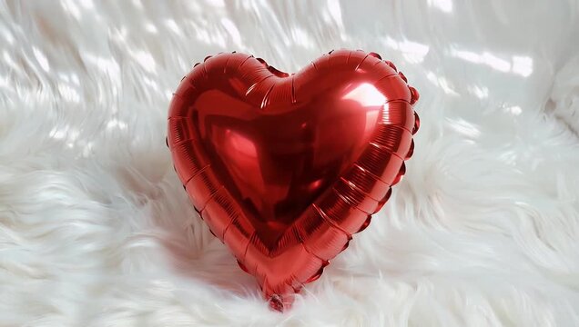 Ultra high quality 4K cinematic footage showcasing glossy red heart shaped foil balloon resting gently on soft fluffy white surface evoking mes of romance love celebration Valentine&rsquo;s Day emotions