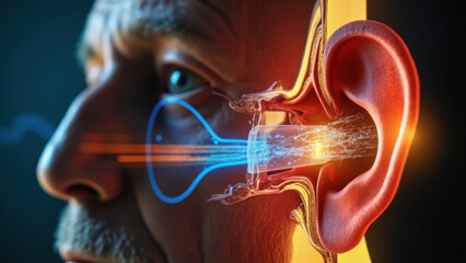 Anatomical illustration of the human ear with sound waves and hearing aid concept