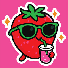 Cute cartoon vector sticker illustration of a strawberry with sunglasses