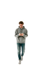 Naklejka premium A person looking distracted walking while staring at an invisible phone