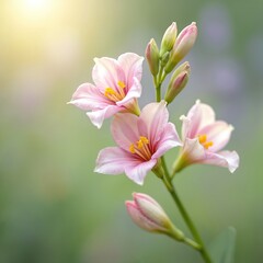 Obraz premium Delicate pink and white freesia blooms open on a stem with buds. Soft sun highlights petals and stamens, blurred green background provides copy space. Natural beauty.