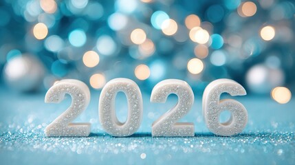 New Year Christmas background with numbers 2026 on pastel blue background with bokeh lights, rhinestones, and glitter, bright shiny background for greeting card. Happy New Year