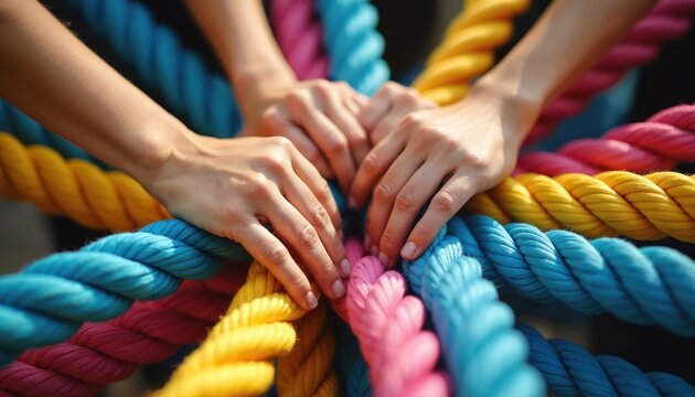 Several hands of diverse people join together holding colorful ropes in a circle. Unity, support, and teamwork is implied by this strong connection. People collaborate on a shared goal.