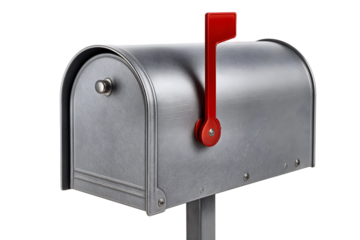A curved-top metal mailbox with a red flag and front-opening door, mounted on a short post