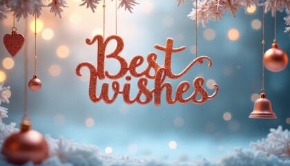 Fototapeta premium Glittering Best Wishes text hangs with festive ornaments on snowy branches. Soft bokeh lights create a warm, joyful holiday mood. Perfect for seasonal greetings, cards, and winter celebration themes.