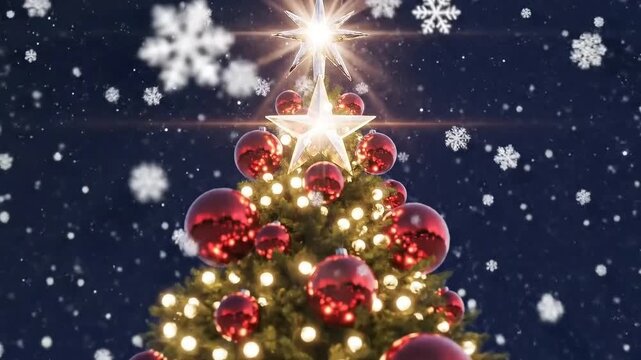 Festive christmas tree with glowing lights, red ornaments, star topper and falling snow on dark blue winter background