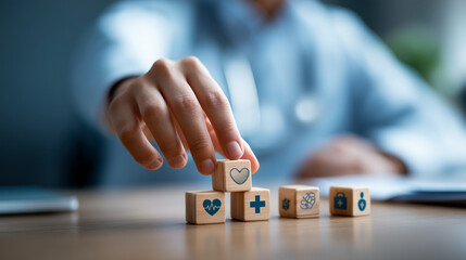 Healthcare planning and medical insurance concept faceless hand arranging wooden blocks health icons display finance first aid symbols blue background surface defocused desk