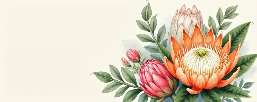 Watercolor illustration shows pink and orange protea flowers with green leaves on cream background. Exotic floral arrangement for cards or web design. Artistic botanical art.