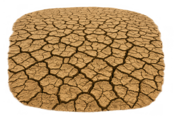 Dry, cracked earth forming abstract patterns, symbolizing drought, global warming, and water scarcity on a transparent background
