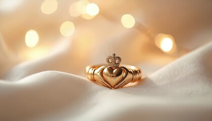 Golden Claddagh ring rests on soft silk fabric with bokeh lights. Symbolic Irish jewelry represents love loyalty friendship. Detailed metal craftsmanship shines, elegant romantic gift.