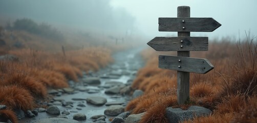 Fototapeta premium Wooden guidepost with three arrows indicates path direction. Misty foggy weather over rocky stream and dry grass. Represents choice adventure journey guidance.