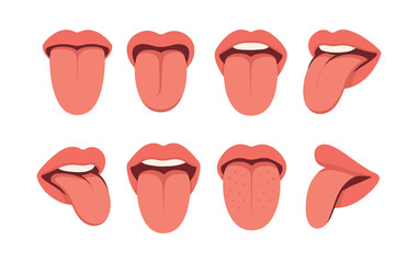Tongue expressions, tongues, faces, mouth, flat vector illustration