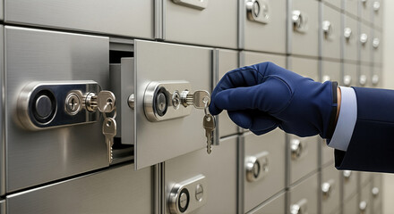 Gloved hand turning keys in front of a bank vault corridor with multiple secure locks and keys