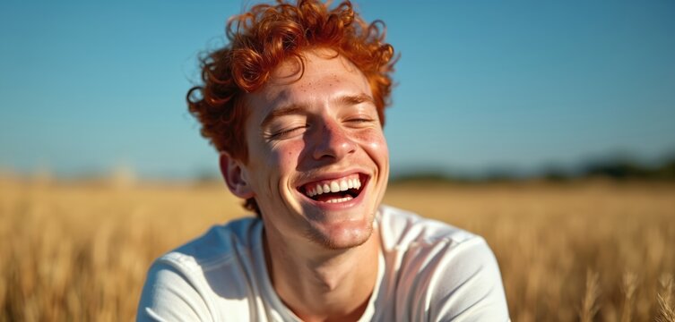 Young red haired boy with freckles laughs heartily in sunlit wheat field. His eyes are closed with joy. He wears simple white t shirt. Authentic outdoor portrait.