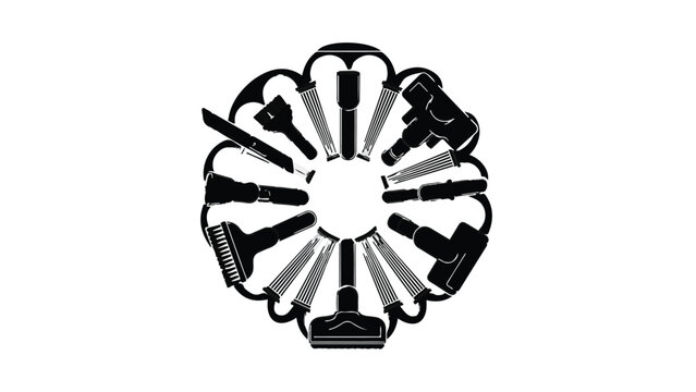 Makeup brushes arranged in circular pattern on white background, beauty and cosmetics concept, professional makeup tools, skincare and makeup routine, modern illustration