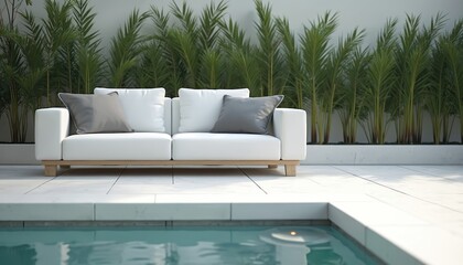 Modern white sofa with grey pillows sits on tiled floor near blue swimming pool. Rich green plants create a tropical outdoor living space with relaxing atmosphere. Peaceful poolside seating.