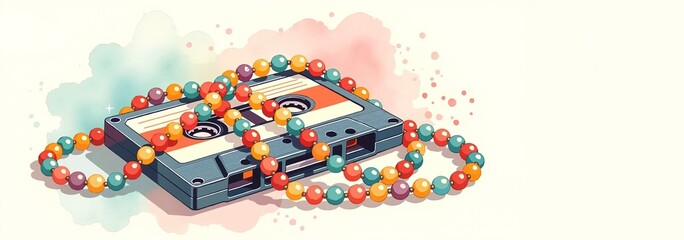 Retro cassette tape with colorful Mardi Gras beads. Vintage 80s music party illustration for nostalgic celebration. Banner with copy space