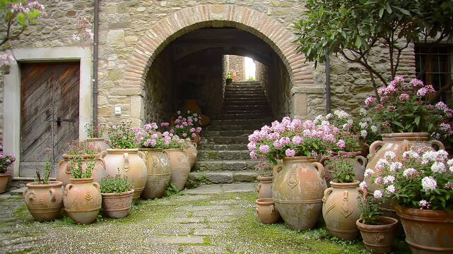 Old Stone Archway Framed by Flowering Pots Along a Mossy Garden Path