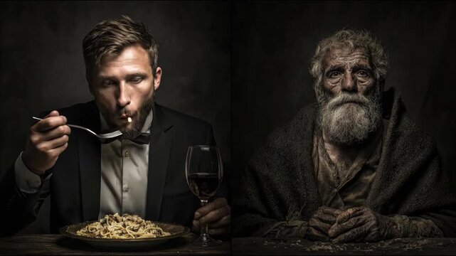 Two men contrasting luxury dining and destitution, highlighting social inequality and poverty awareness