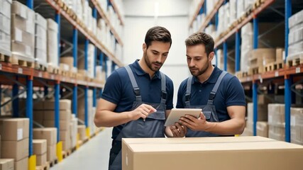 Two male warehouse workers using a digital tablet for inventory management in a storage facility. Logistic and supply chain concept. - Powered by Adobe