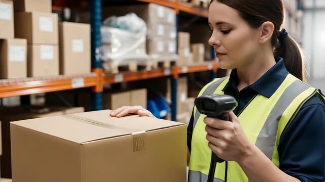 Caucasian woman scanning barcode on box. Female warehouse worker performs inventory check with handheld scanner. Modern stockroom operation.