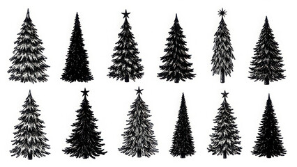 Fototapeta premium Set of Various Stylized Black and White Christmas Trees