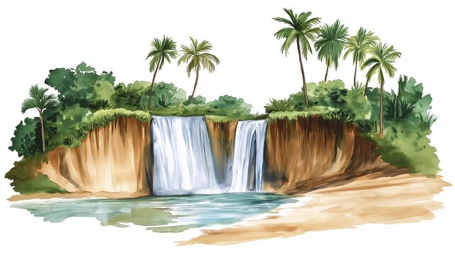 Kribi Falls and Beaches. Kribi Falls and Beaches hand drawn watercolor illustration on white background