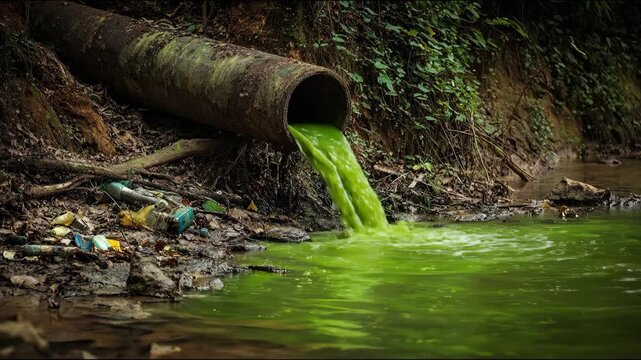 Toxic green waste discharge from rusty pipe into polluted river with garbage, showing environmental contamination.