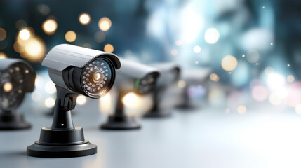 Surveillance cameras review on white background security concept visualization facial recognition technology program search system criminal tracking interface defocused