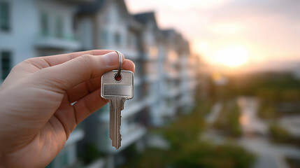 A hand holds up a key against a soft-focus backdrop of an apartment complex during sunset, symbolizing new beginnings and homeownership.