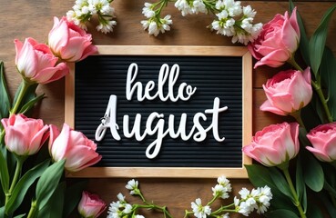 Black letter board reads hello August surrounded by pink roses and white flowers on a wooden table. Seasonal floral decor welcomes the eighth month.