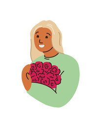 Blond woman holding a bouquet of flowers, a gift. Happy Women's day, Mother's day spring holiday hand drawn vector illustration. Simple trendy style, International women day.
