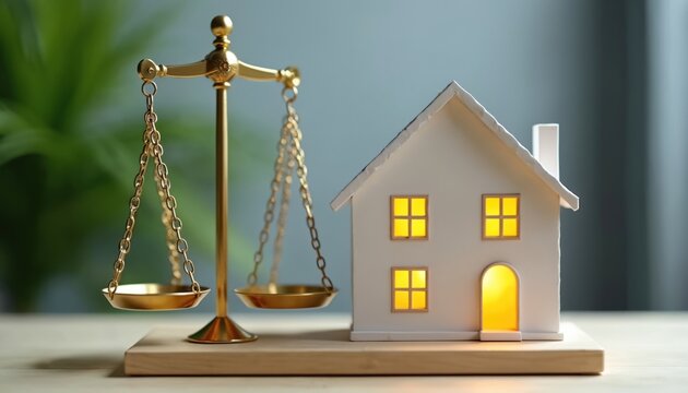 Miniature house, golden balance scale represent legal property rights, housing investment, fair real estate transactions. Safety, security of home ownership emphasized. Legal advice for buyers.