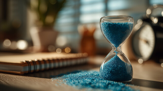 A vibrant blue sand timer sits elegantly on a desk, surrounded by a blurred notebook and plants, capturing the essence of passing time in a warm, inviting space.