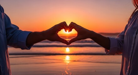 Romantic silhouette of a couple making a heart shape with their hands, framing the setting sun over the ocean waves.