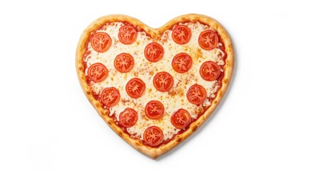 Heart-shaped pizza with mozzarella and tomato slices, isolated on white. Romantic food concept for Valentine's Day or delivery.