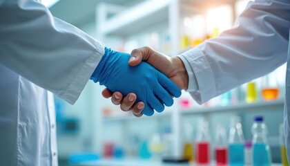 Scientists wearing lab coats, blue gloves shake hands in modern laboratory. Colorful liquids in beakers, test tubes suggest ongoing research, experimentation. Successful partnership finalized.