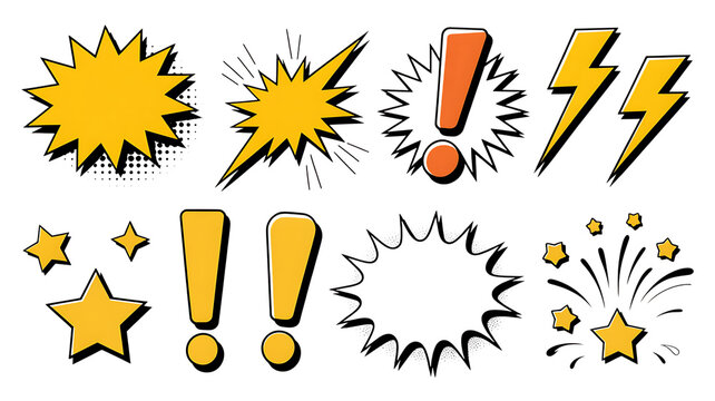 Collection of vibrant comic book style explosion shapes exclamation points lightning bolts and stars perfect for graphic design emphasis and announcements