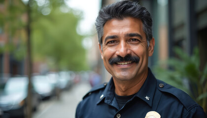 Hispanic man smiles in police uniform outdoors. He is a security officer in a city. He looks professional and friendly, representing law enforcement on duty. Community service focus.