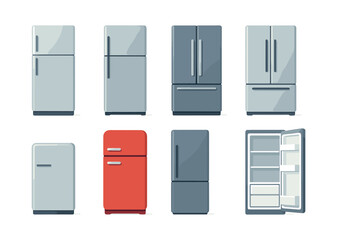 Various fridge designs, kitchen appliances and coolers, flat vector illustration