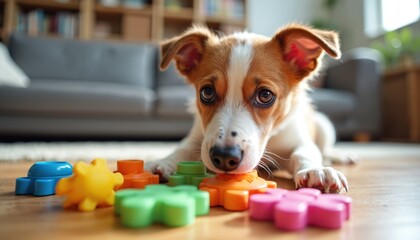 Young jack russell terrier dog plays with colorful interactive puzzle toy on wooden floor indoors. Canine learns, uses nose, paw, enjoys mental stimulation, develops problem solving skills in living