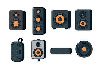 Speaker collection, audio devices, sound systems, flat vector illustration