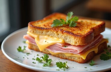 A toasted sandwich with layers of ham and melted cheese sits on a white plate. Fresh parsley garnishes the gourmet meal, perfect for a quick and tasty lunch.