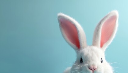 Cute white rabbit face with long pink ears peeks from side on light blue background. Easter bunny symbol, spring holiday character, fluffy mammal. A playful, curious animal portrait.