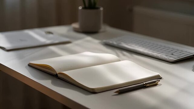 Minimalist desk setup with a blank journal and pen under sunlight during afternoon hours
