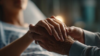 A close-up, cinematic shot of a patient's hand gently held by a doctor's hand, conveying empathy and trust in a softly lit, modern hospital room. Ultra-realistic