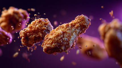 Crispy fried chicken pieces with breading crumbs floating