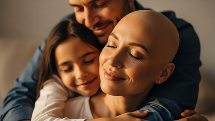 Family embracing with woman's bald head