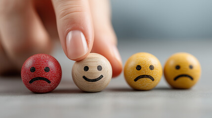 A hand gently touches a happy emoji among sad ones, symbolizing emotional balance and the importance of positivity in life.