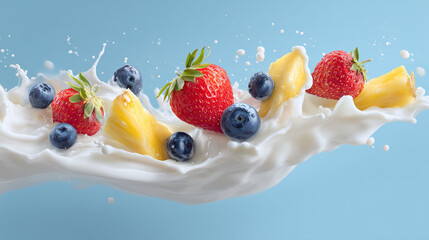 Fresh strawberries, blueberries, and pineapple splashing in milk